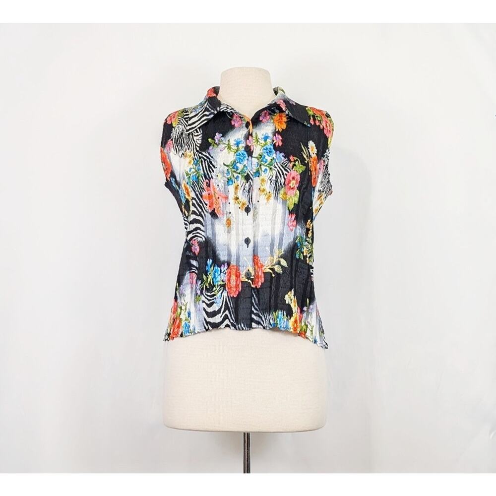 Alberto Makali Top Colorful Floral Animal Print Sleeveless Blouse Women's Size M